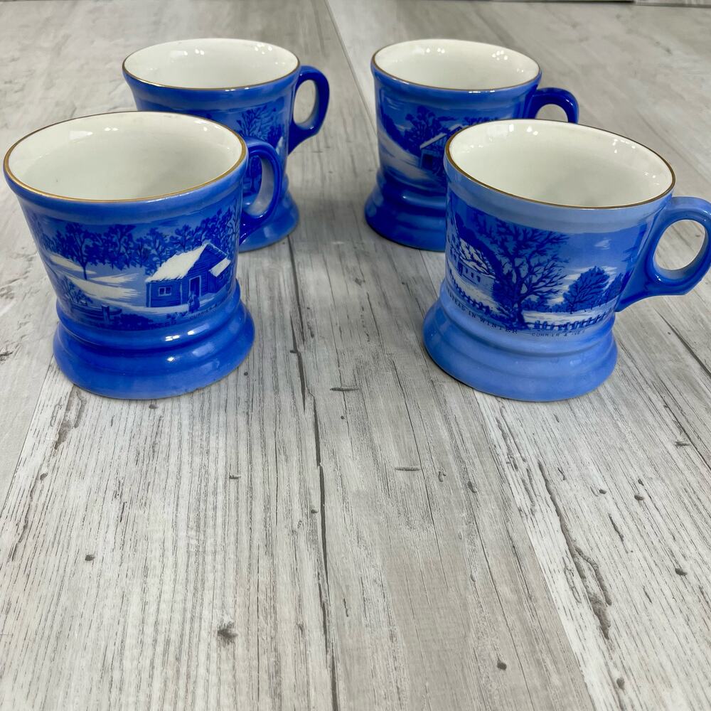 Vintage Royal USA Currier & Ives Blue White Mug Set 4 Winter Homestead Farm